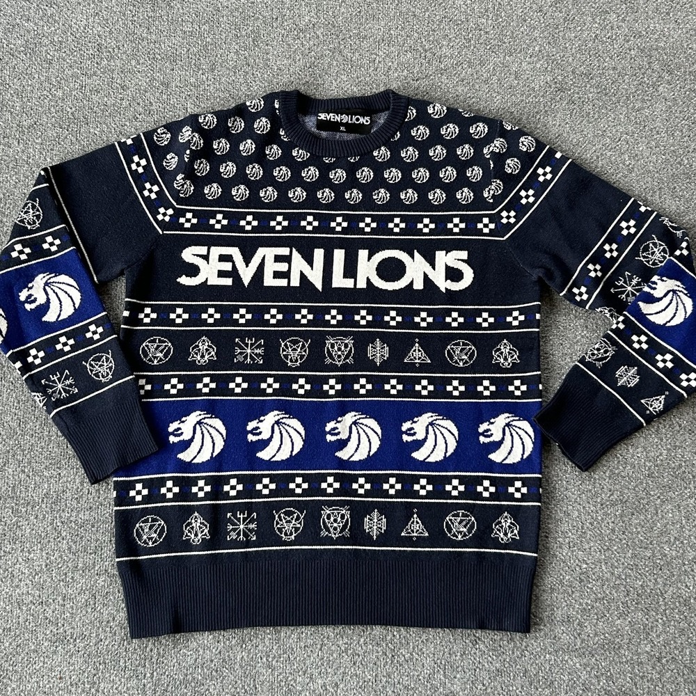 Seven‎ Lions Sweater Mens XL Navy Blue Knit Crewneck Holiday EDM Rave Graphic